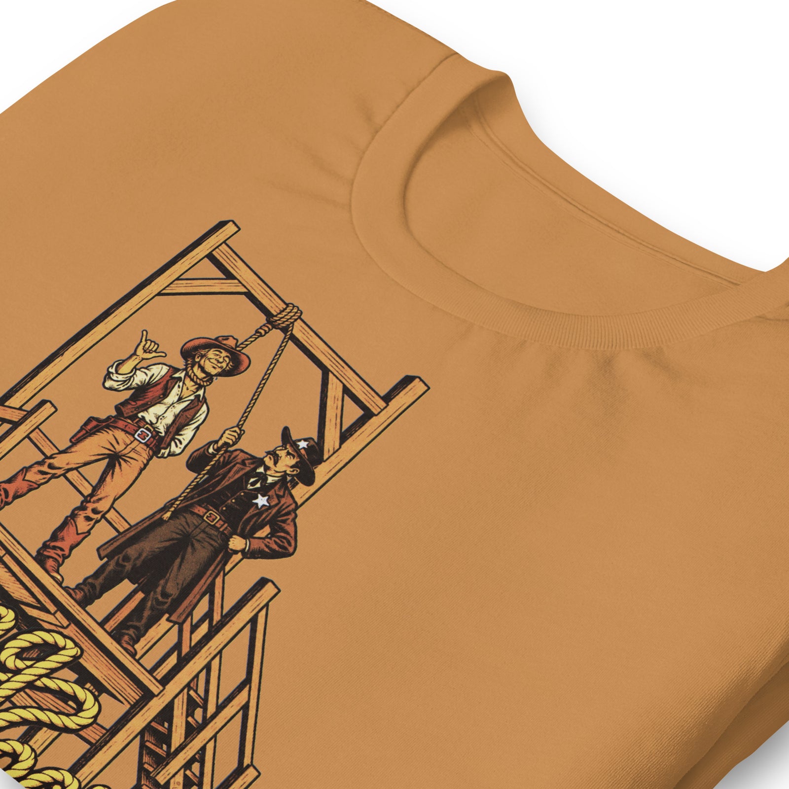 Hang Loose T-Shirt in toast, print close-up view with retro cowboy shaka sign and sheriff at Old West gallows