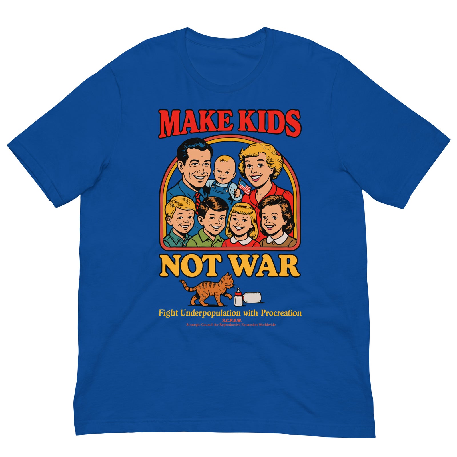 Make Kids Not War Liberty Maniacs shirt design close up. Features an American family in a family picture. Below under a cat and baby bottle is the text "Fight Underpopulation with Procreation"