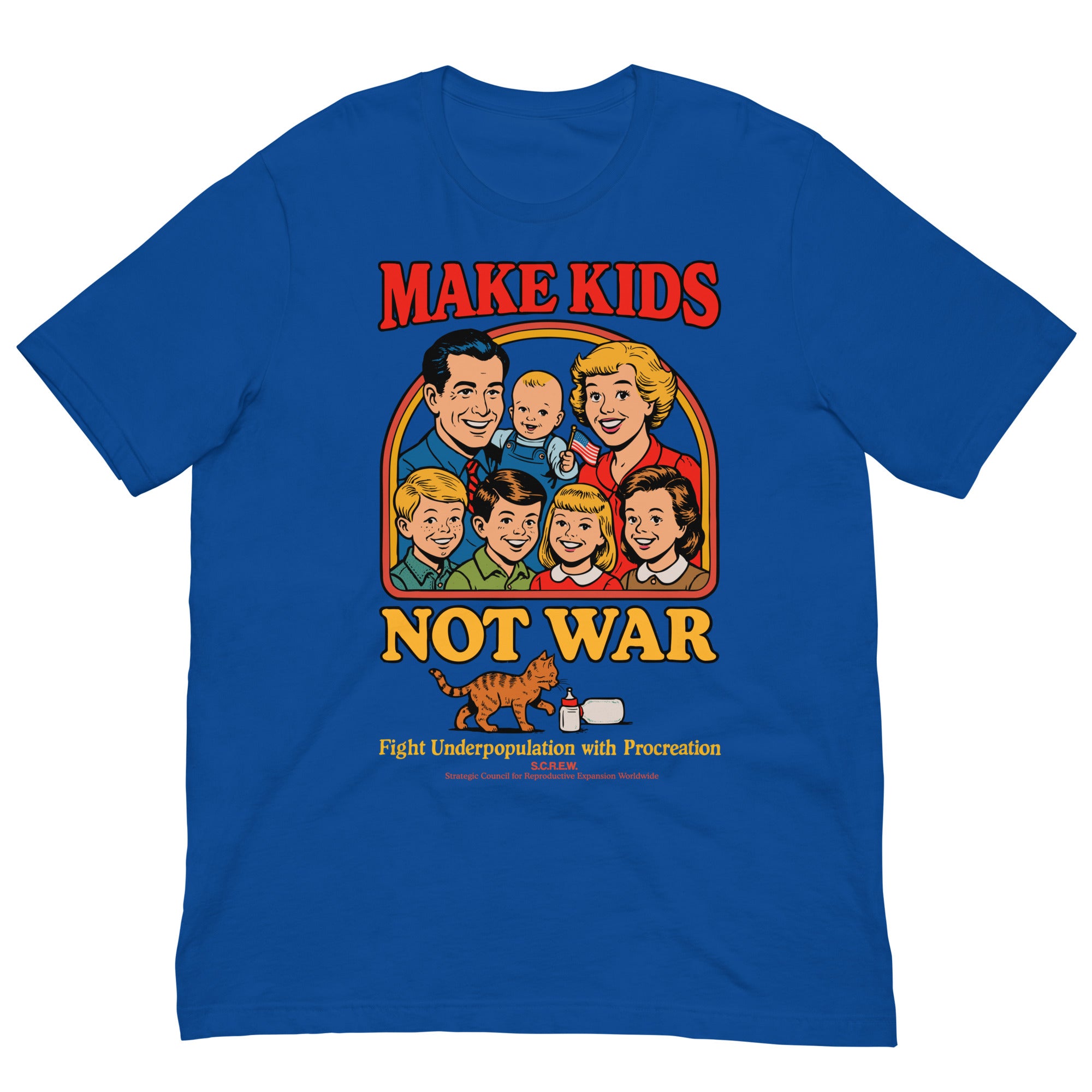 Make Kids Not War Liberty Maniacs shirt design close up. Features an American family in a family picture. Below under a cat and baby bottle is the text "Fight Underpopulation with Procreation"