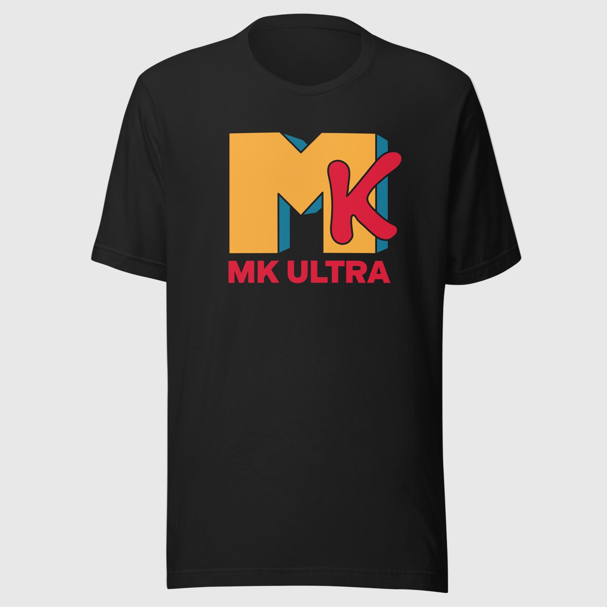 Black t-shirt with colorful 'MK Ultra' logo on a white background