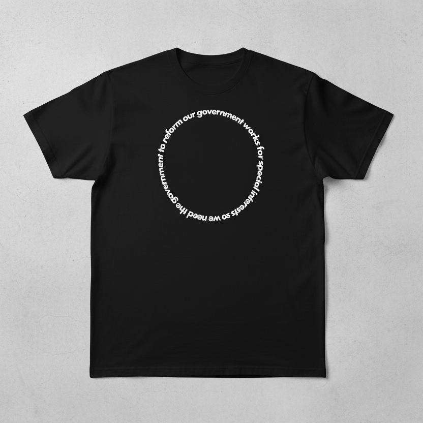 Black t-shirt with white text on a gray background