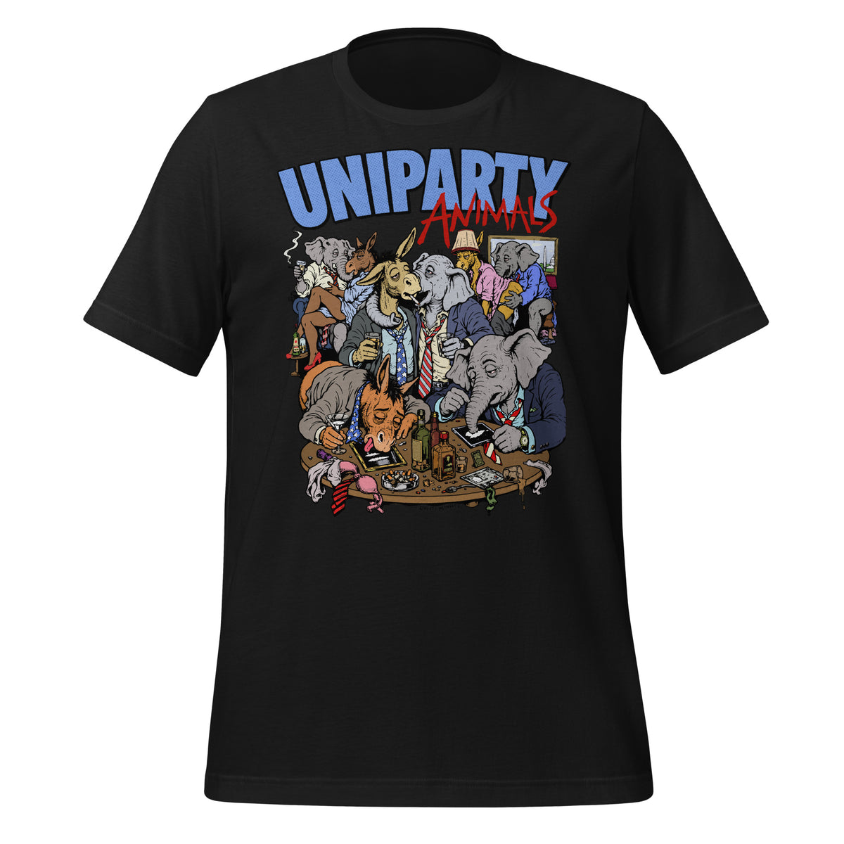 Uniparty Animals T-Shirt by Liberty Maniacs featuring cartoon donkey and elephant mascots in suits at a lively Washington gathering