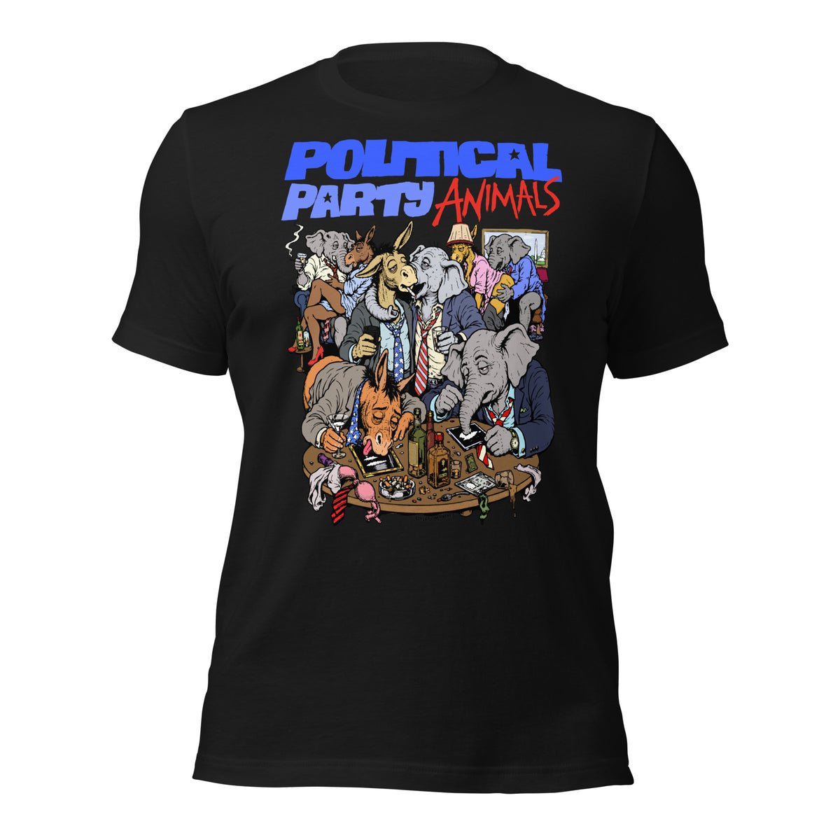 A black short-sleeve t-shirt with a large graphic print on the front. The graphic features the text 'POLITICAL PARTY ANIMALS' in blue and red, above a detailed cartoon illustration of various animals dressed in suits gathered around a table.
