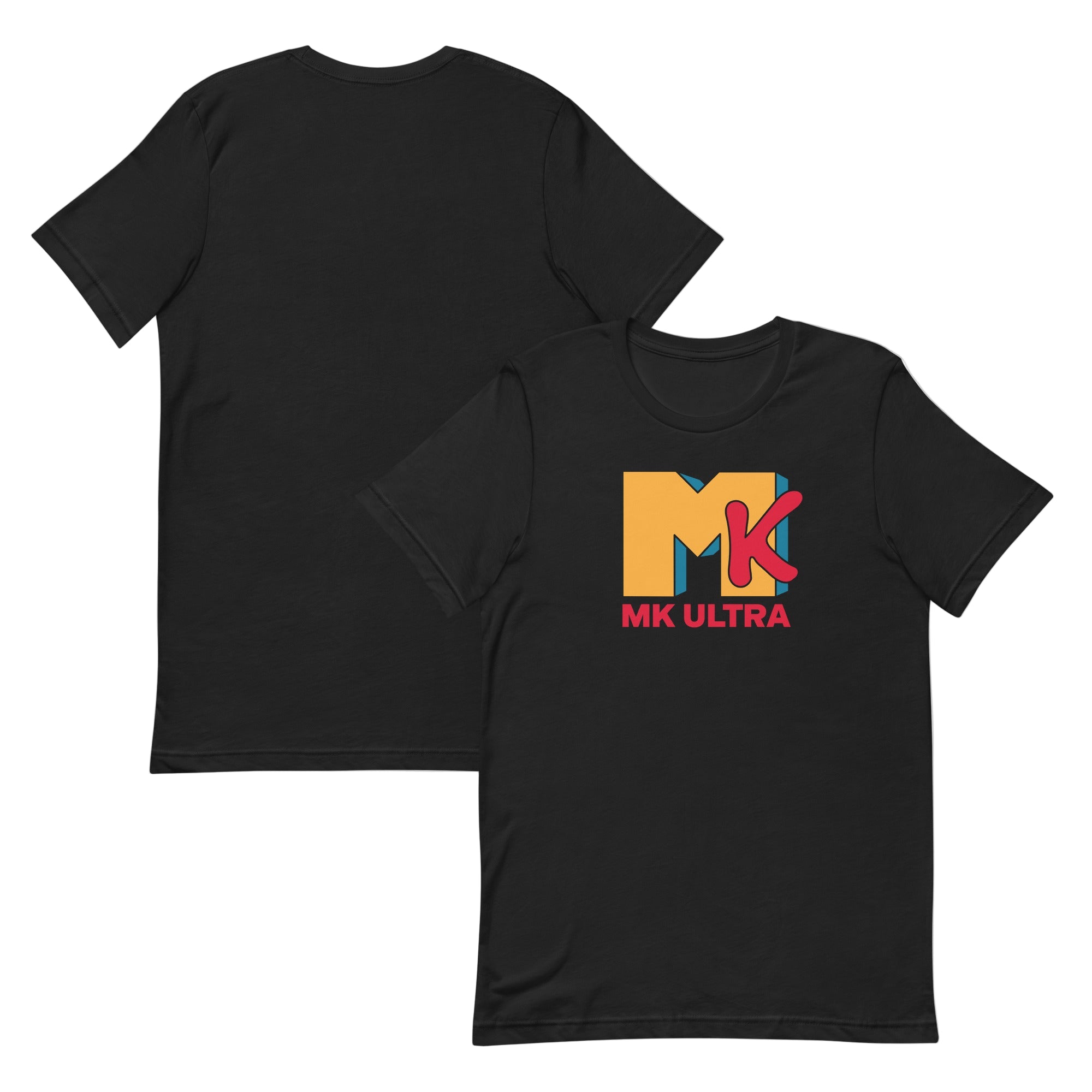 Black t-shirt with colorful 'MK Ultra' logo on a white background by Liberty Maniacs