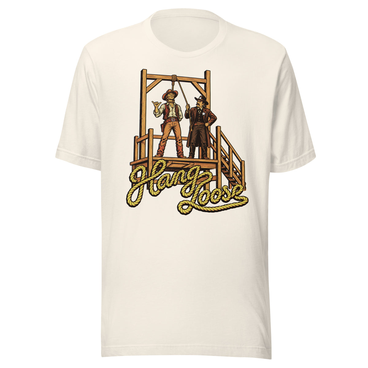 Hang Loose T-Shirt in vintage white, front view with retro cowboy shaka sign and sheriff at Old West gallows