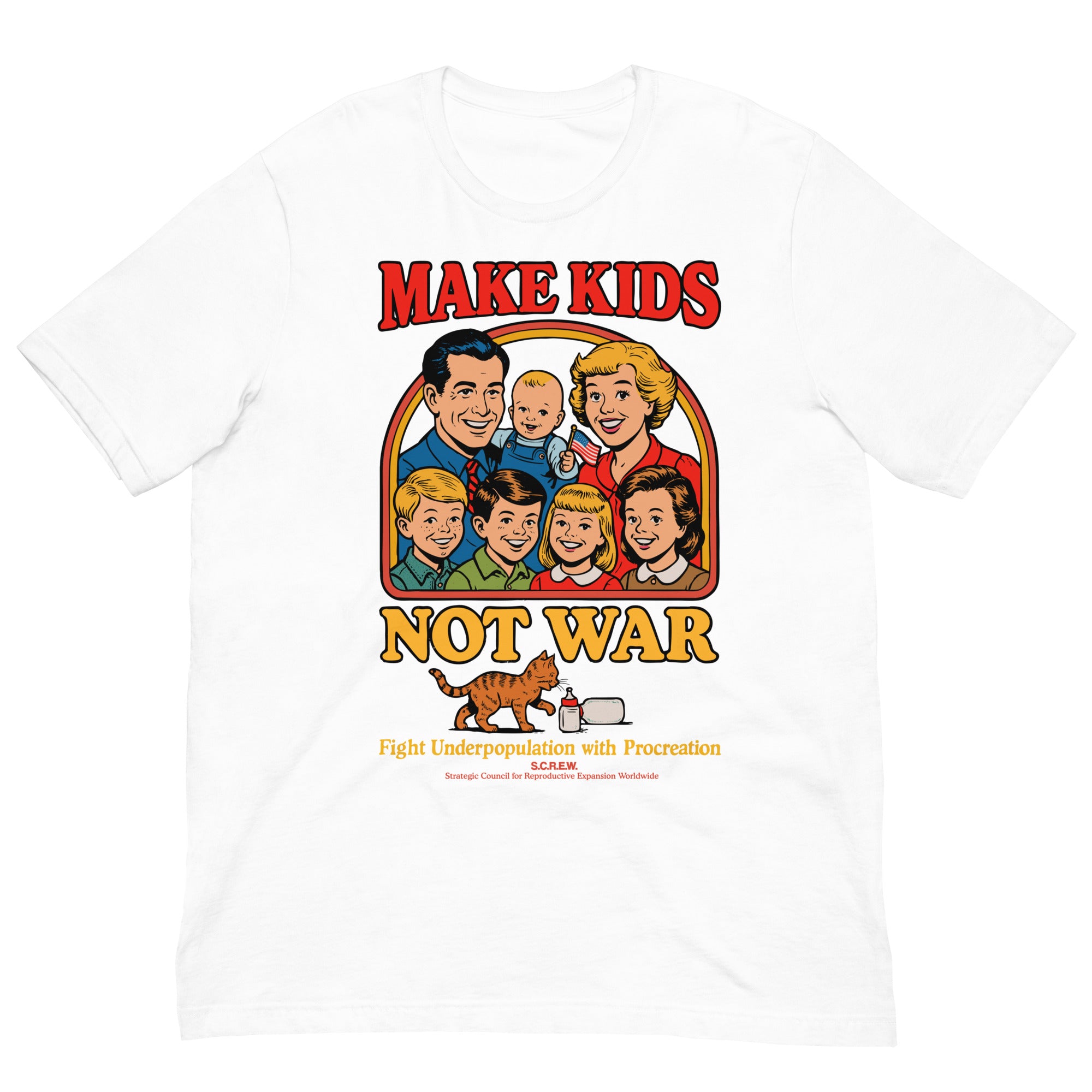 Make Kids Not War Liberty Maniacs shirt design close up. Features an American family in a family picture. Below under a cat and baby bottle is the text "Fight Underpopulation with Procreation"
