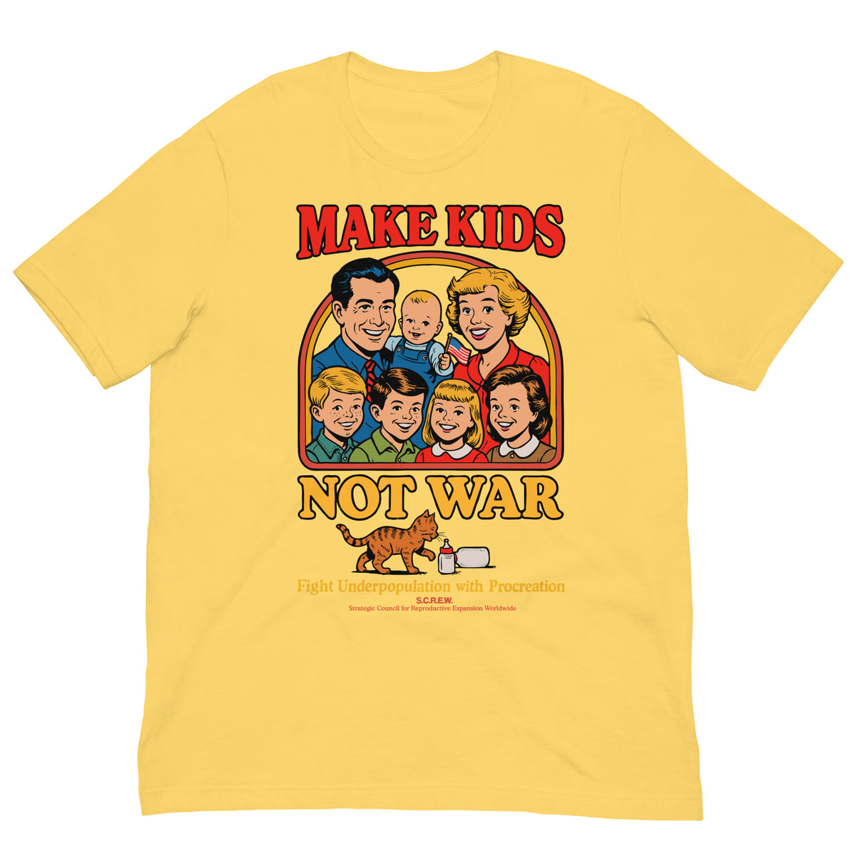 Make Kids Not War Liberty Maniacs shirt design close up. Features an American family in a family picture. Below under a cat and baby bottle is the text &quot;Fight Underpopulation with Procreation&quot;