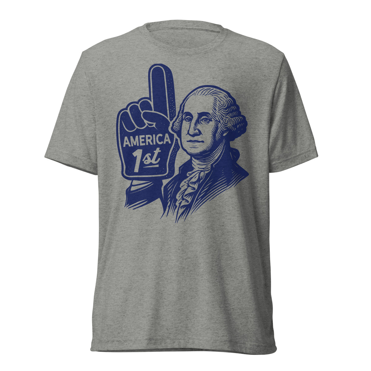 A t-shirt by Liberty Maniacs of George Washington with a foam number 1 finger that says America First in a retro illustrated style. And original shirt by Liberty Maniacs.