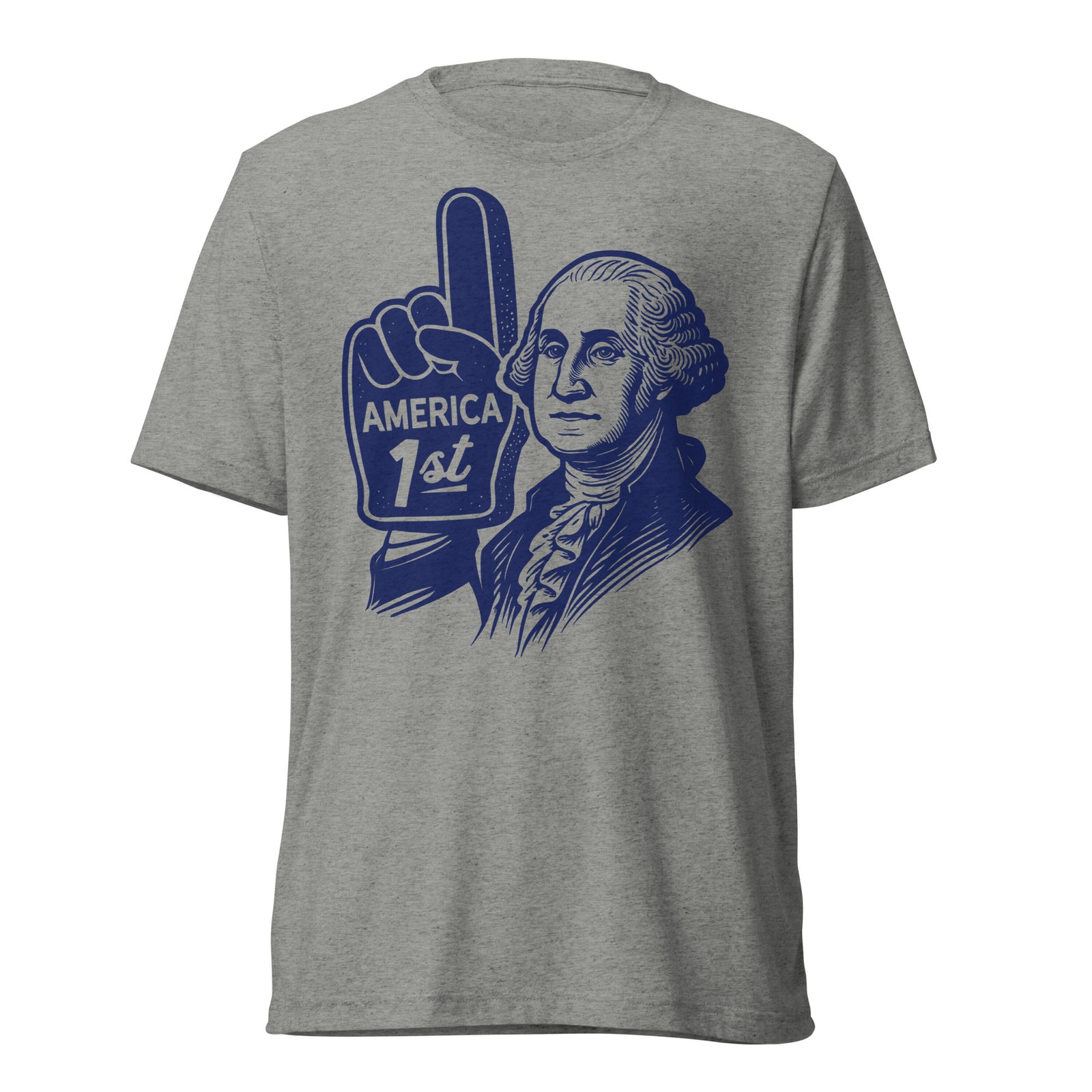 A t-shirt by Liberty Maniacs of George Washington with a foam number 1 finger that says America First in a retro illustrated style. And original shirt by Liberty Maniacs.