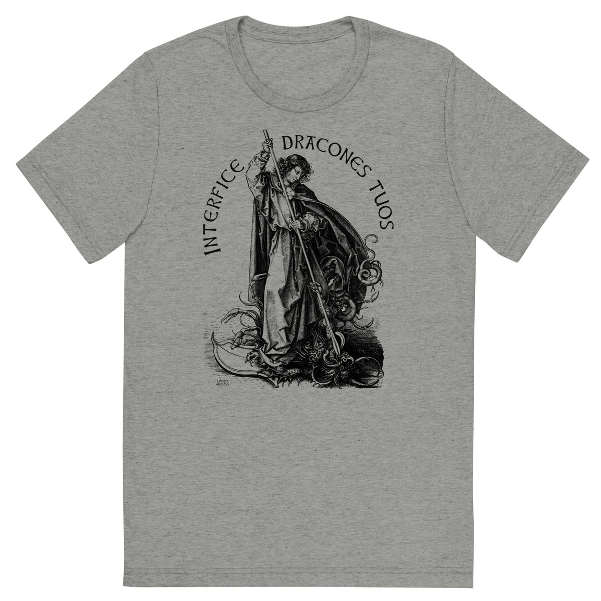 Gray t-shirt with black graphic design and text on a white background