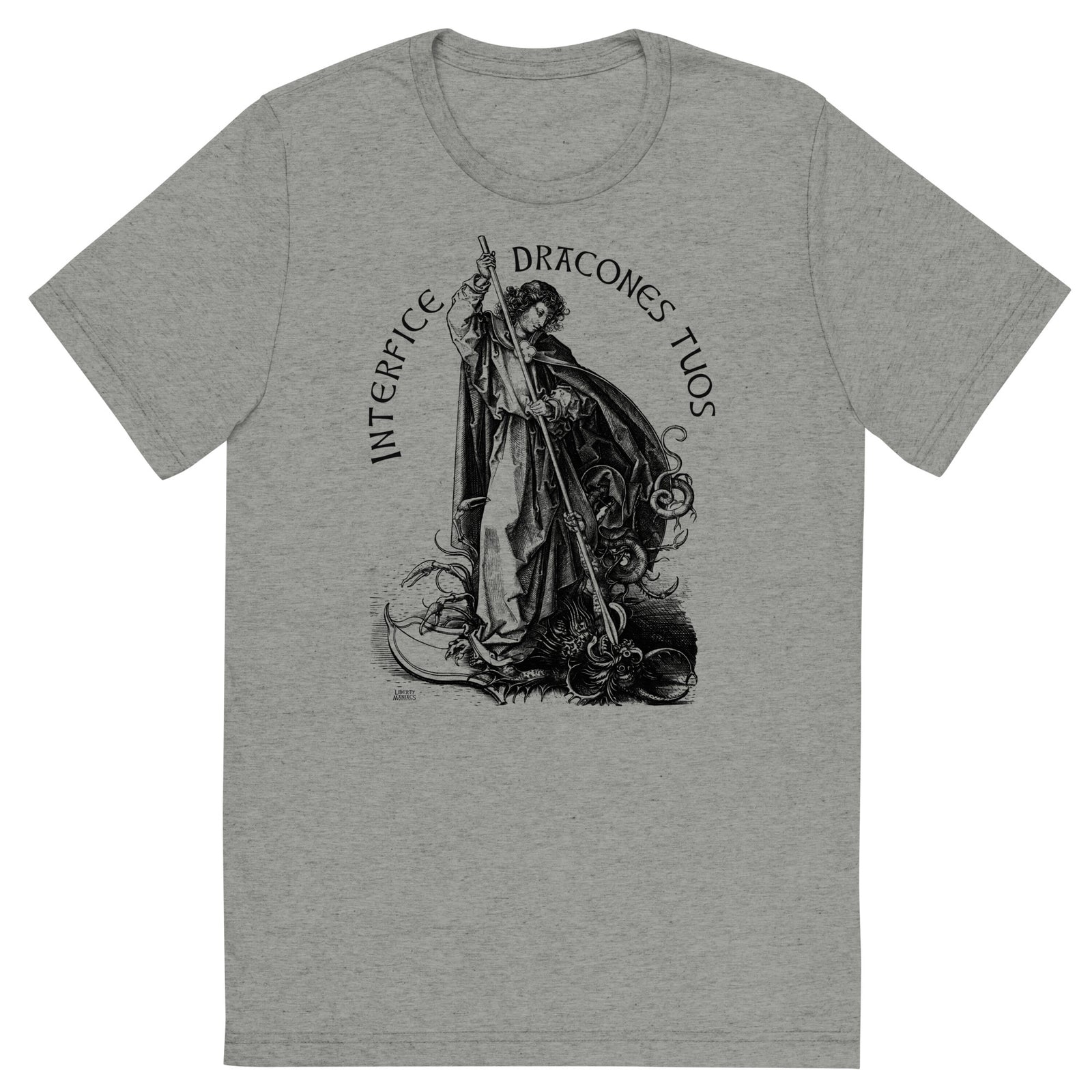 Gray t-shirt with black graphic design and text on a white background