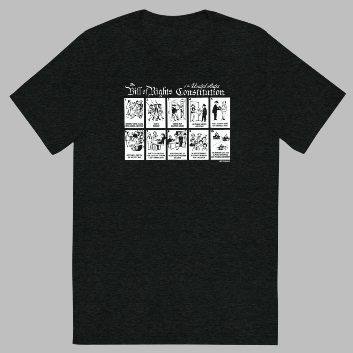 A gray crew neck t-shirt with a graphic print of the Bill of Rights Constitution, featuring illustrations of the first ten amendments.