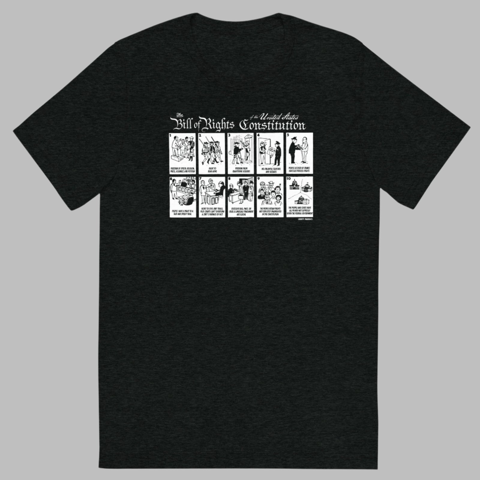 A gray crew neck t-shirt with a graphic print of the Bill of Rights Constitution, featuring illustrations of the first ten amendments.