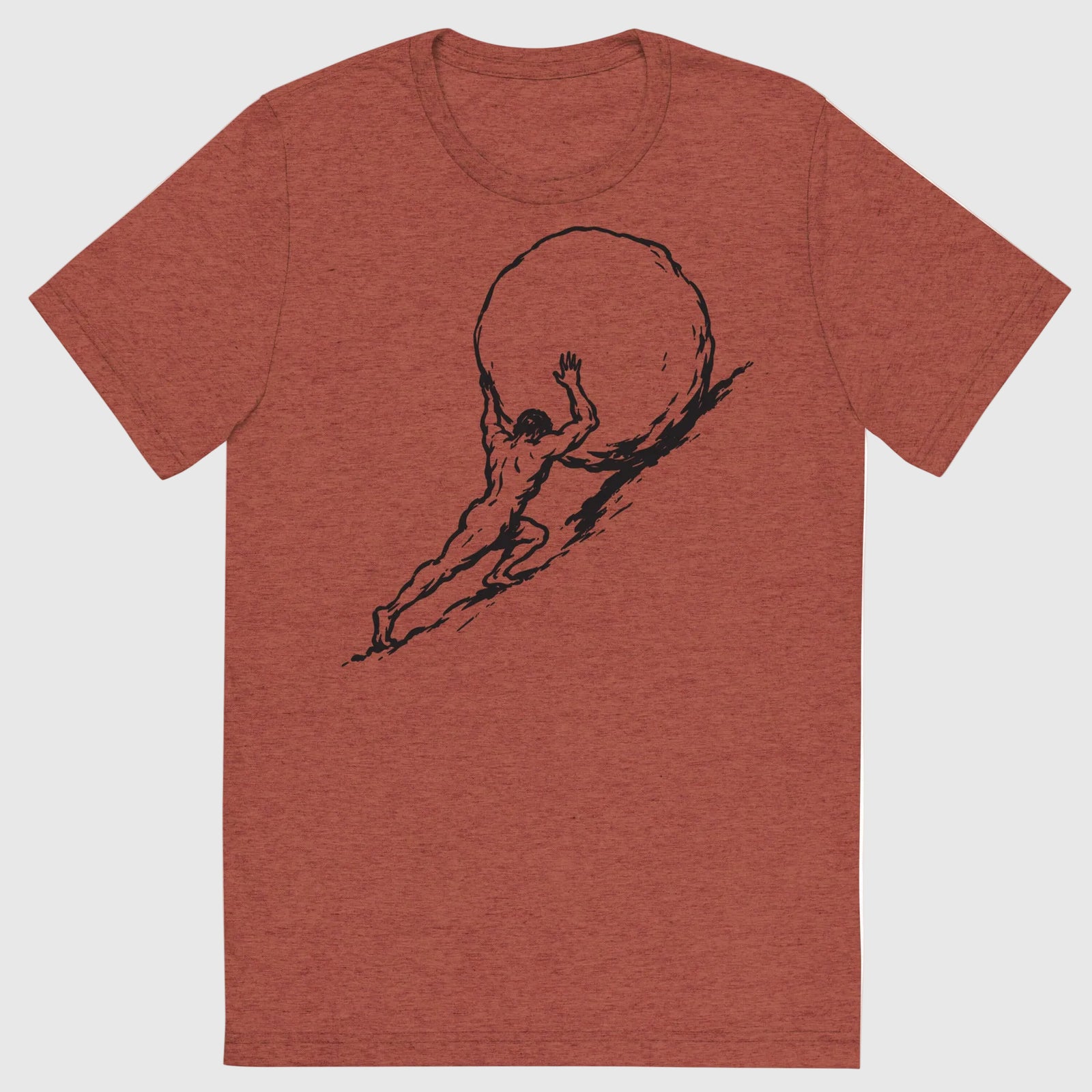 Clay Sisyphus tri-blend t-shirt with black graphic of a man pushing a large boulder on a white background