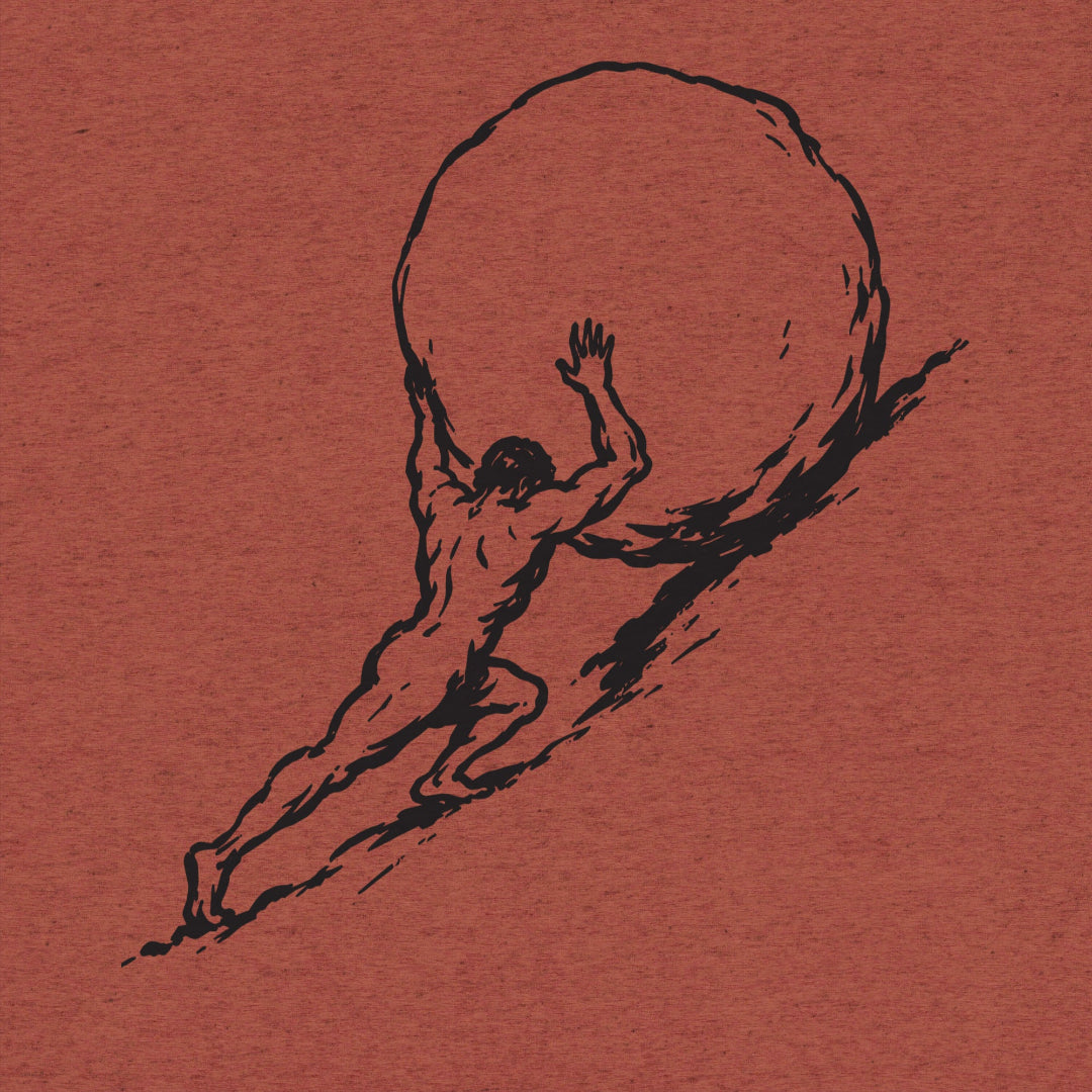 Sisyphus tri-blend t-shirt with black graphic of a man pushing a large boulder on a white background
