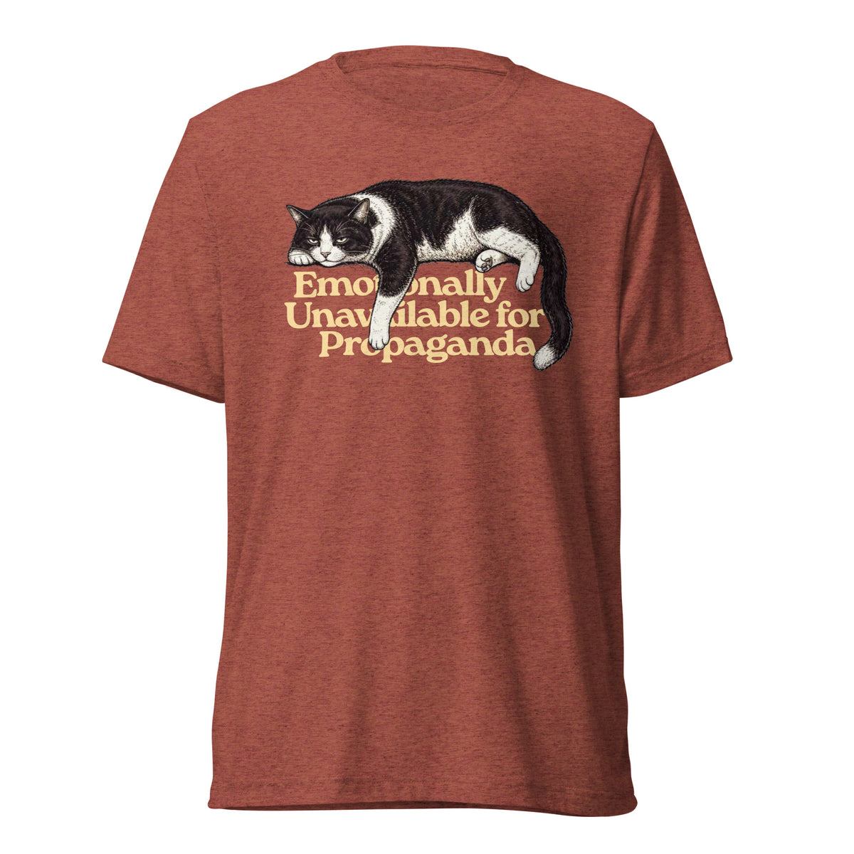 Red t-shirt with humorous text design on a white background