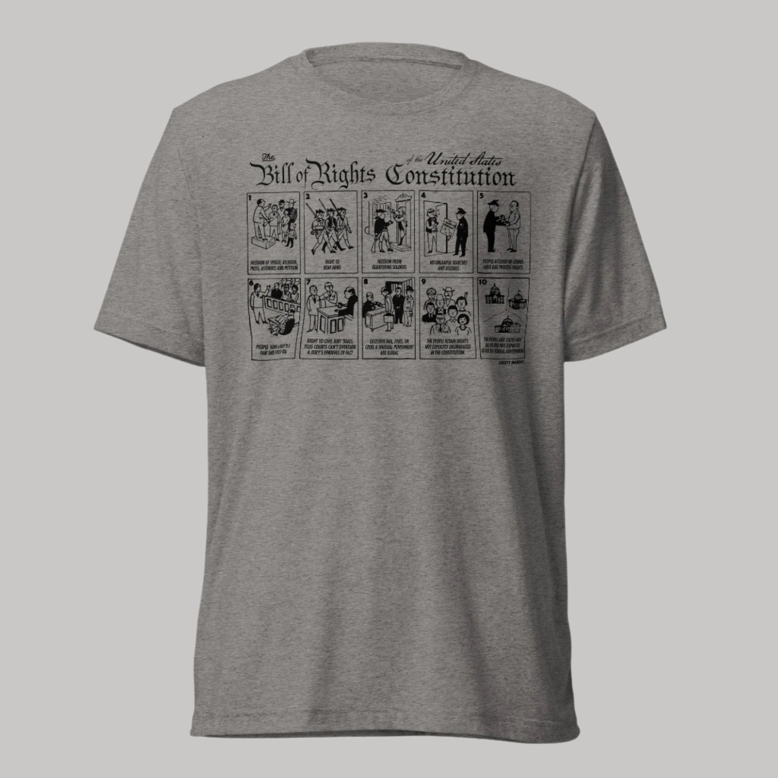 A gray crew neck t-shirt with a graphic print of the Bill of Rights Constitution, featuring illustrations of the first ten amendments. By Liberty Maniacs. 