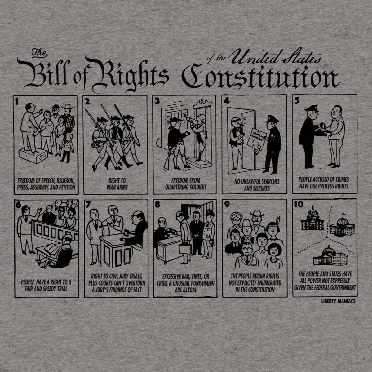 The illustrated Bill of Rights tri-blend graphic t-shirt seen in close up. Features illustrated images of each of the first 10 amendments of the Constitution by Liberty maniacs.