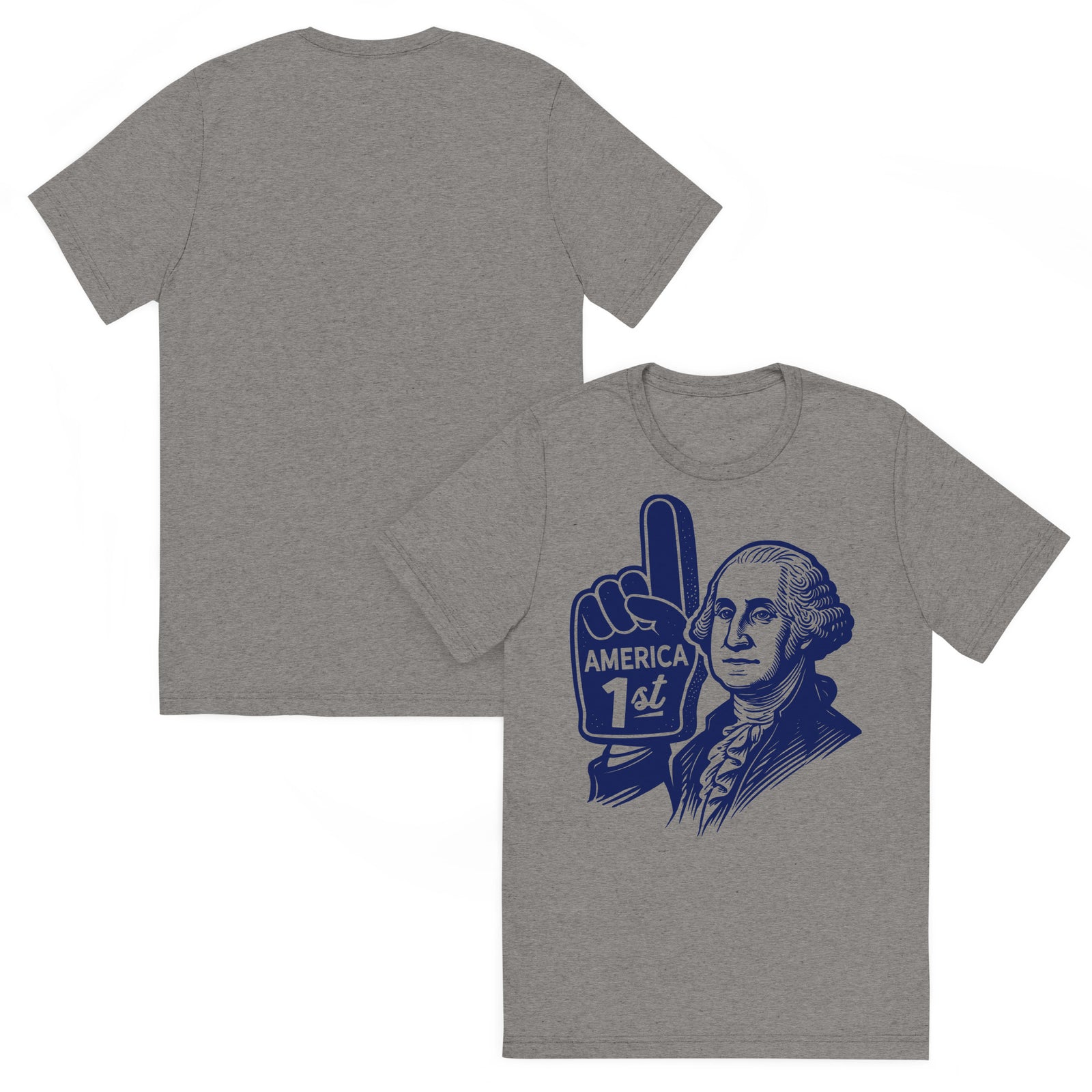 A t-shirt by Liberty Maniacs of George Washington with a foam number 1 finger that says America First in a retro illustrated style. And original shirt by Liberty Maniacs.