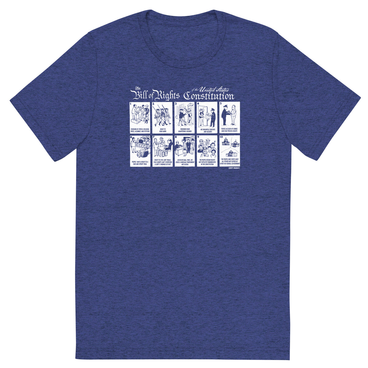 A blue tri-blend crew neck t-shirt with a graphic print of the Bill of Rights Constitution, featuring illustrations of the first ten amendments.