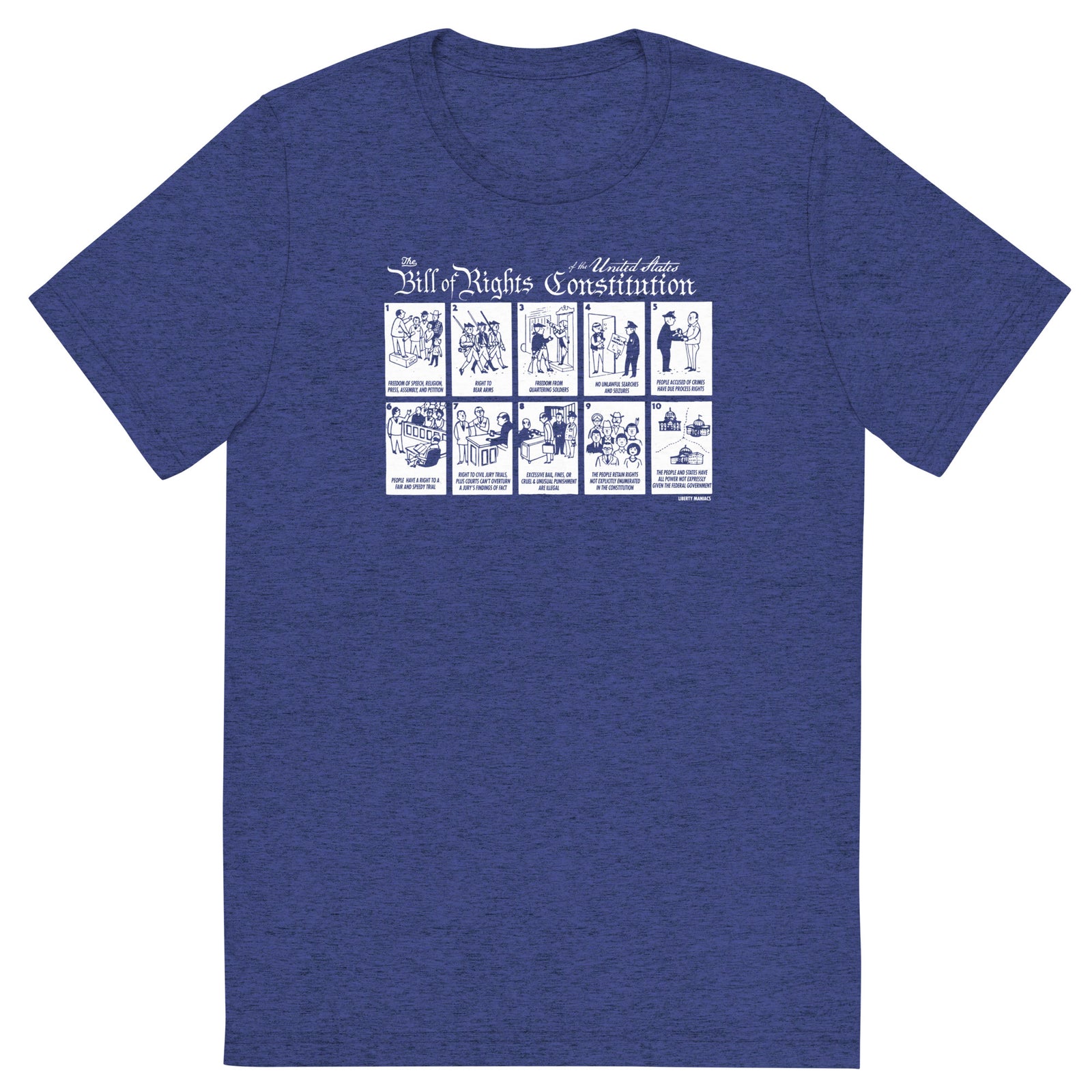 A blue tri-blend crew neck t-shirt with a graphic print of the Bill of Rights Constitution, featuring illustrations of the first ten amendments.