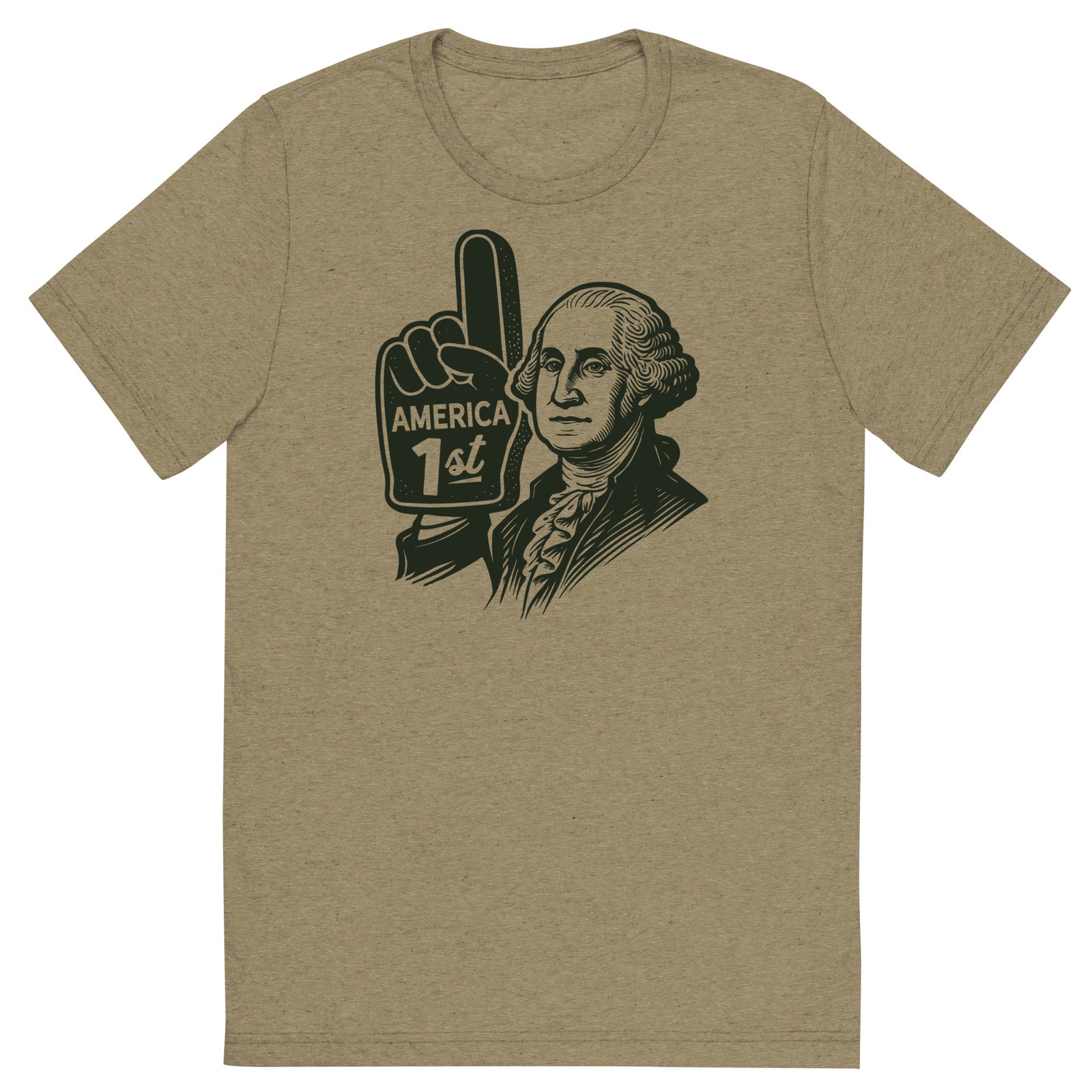A t-shirt by Liberty Maniacs of George Washington with a foam number 1 finger that says America First in a retro illustrated style. And original shirt by Liberty Maniacs.