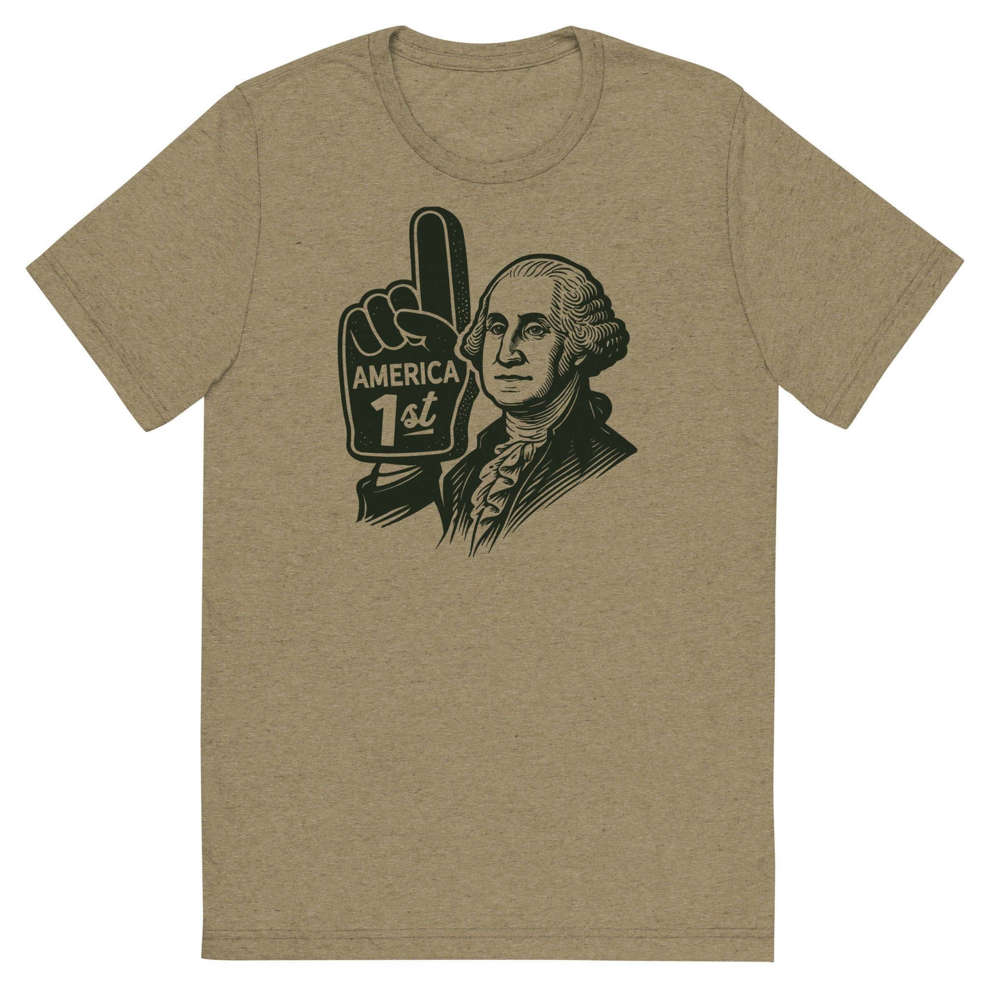 A t-shirt by Liberty Maniacs of George Washington with a foam number 1 finger that says America First in a retro illustrated style. And original shirt by Liberty Maniacs.