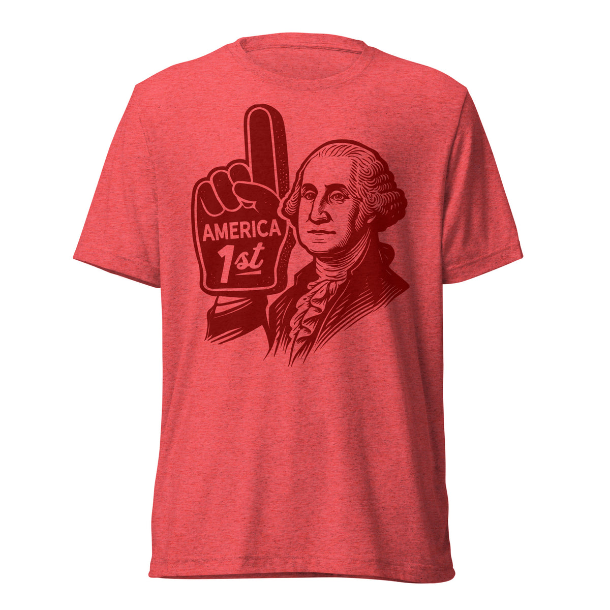 A t-shirt by Liberty Maniacs of George Washington with a foam number 1 finger that says America First in a retro illustrated style. And original shirt by Liberty Maniacs.
