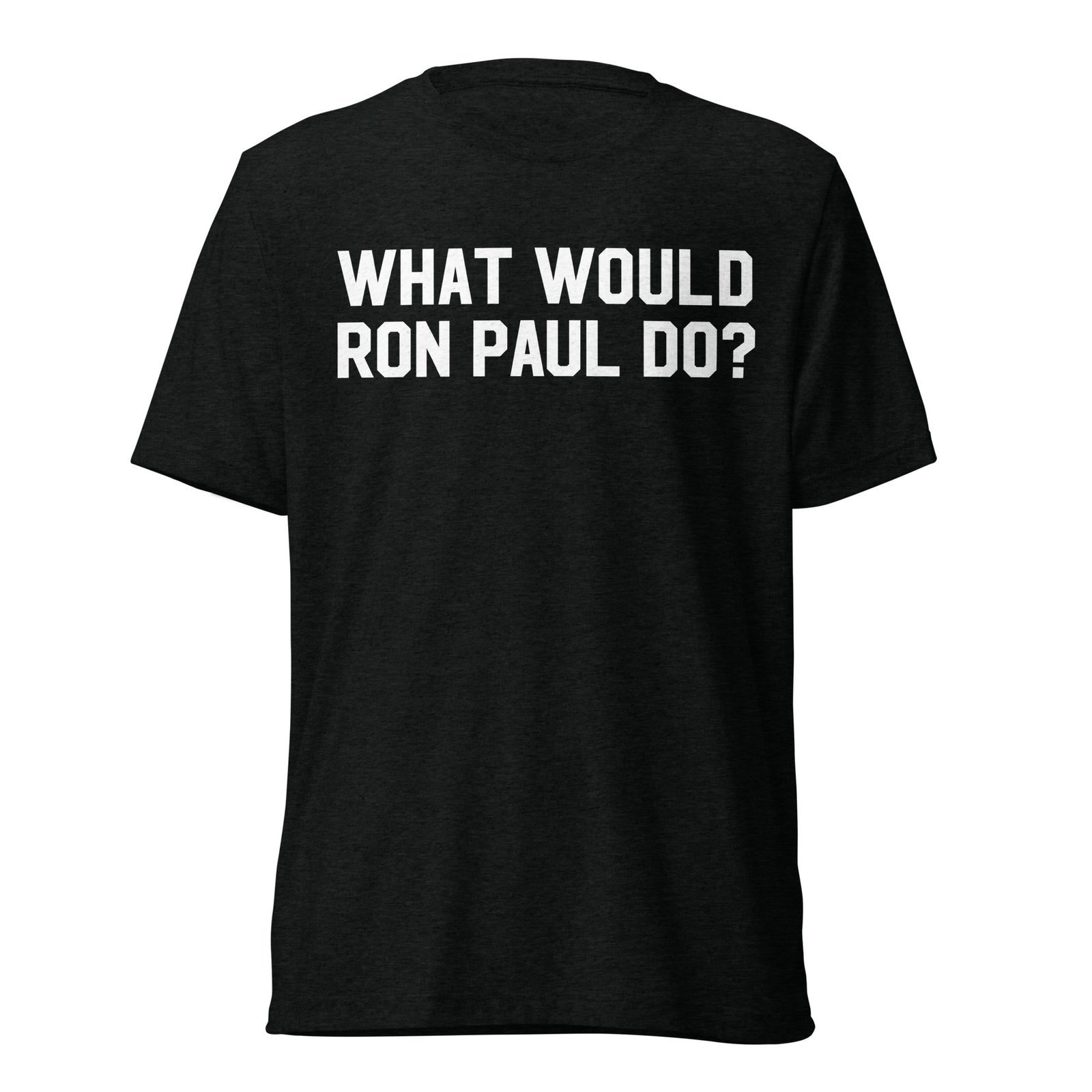 Man wearing a black t-shirt with 'What Would Ron Paul Do?' text on a plain background