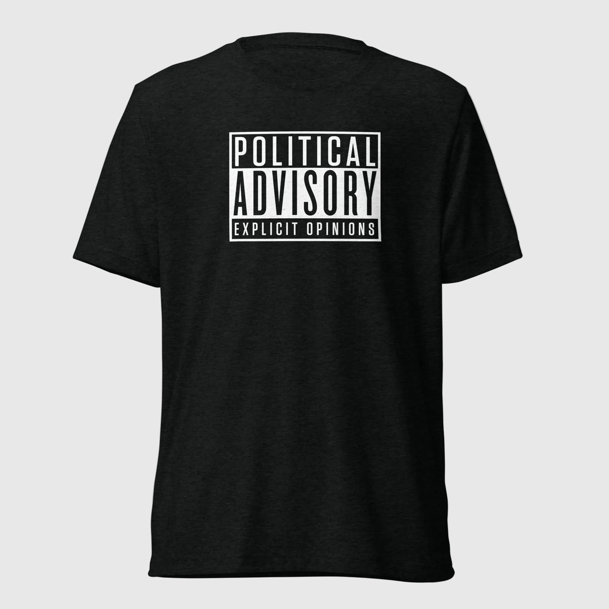 Political Advisory Tri-blend T-shirt worn by male model front view