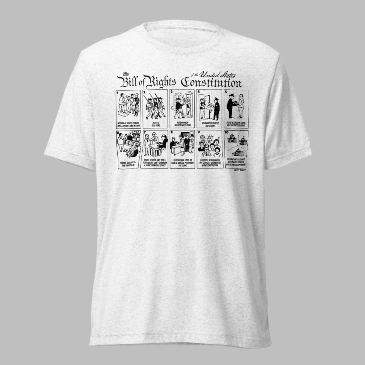 A gray crew neck t-shirt with a graphic print of the Bill of Rights Constitution, featuring illustrations of the first ten amendments.