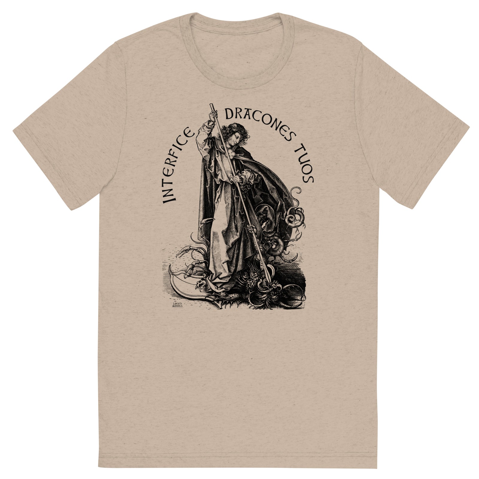 Beige t-shirt with black graphic design and text on a white background