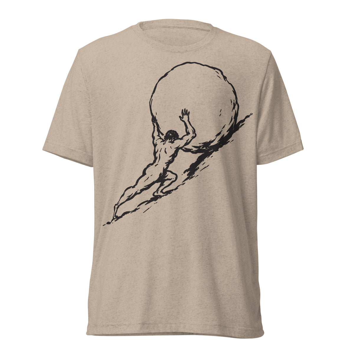 Beige Sisyphus tri-blend t-shirt with black graphic of a man pushing a large boulder on a white background