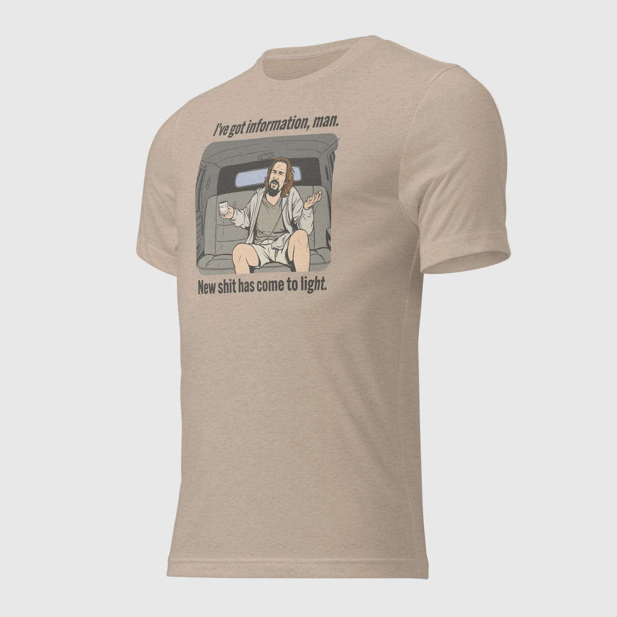 T-shirt design with a The Dude from the Big Lebowski sitting in a car, holding a White Russian, and text about new information coming to light. 