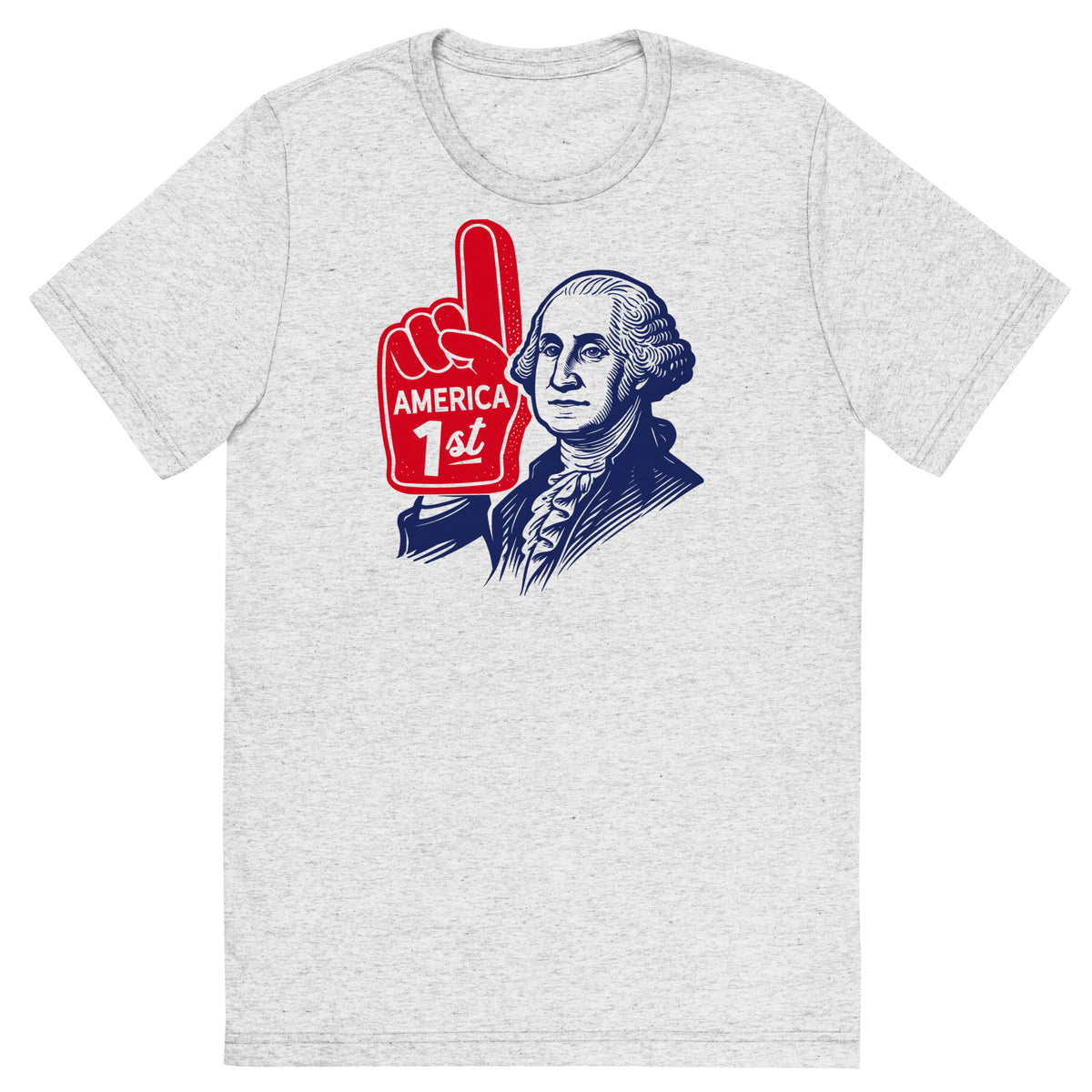 A t-shirt by Liberty Maniacs of George Washington with a foam number 1 finger that says America First in a retro illustrated style. And original shirt by Liberty Maniacs.