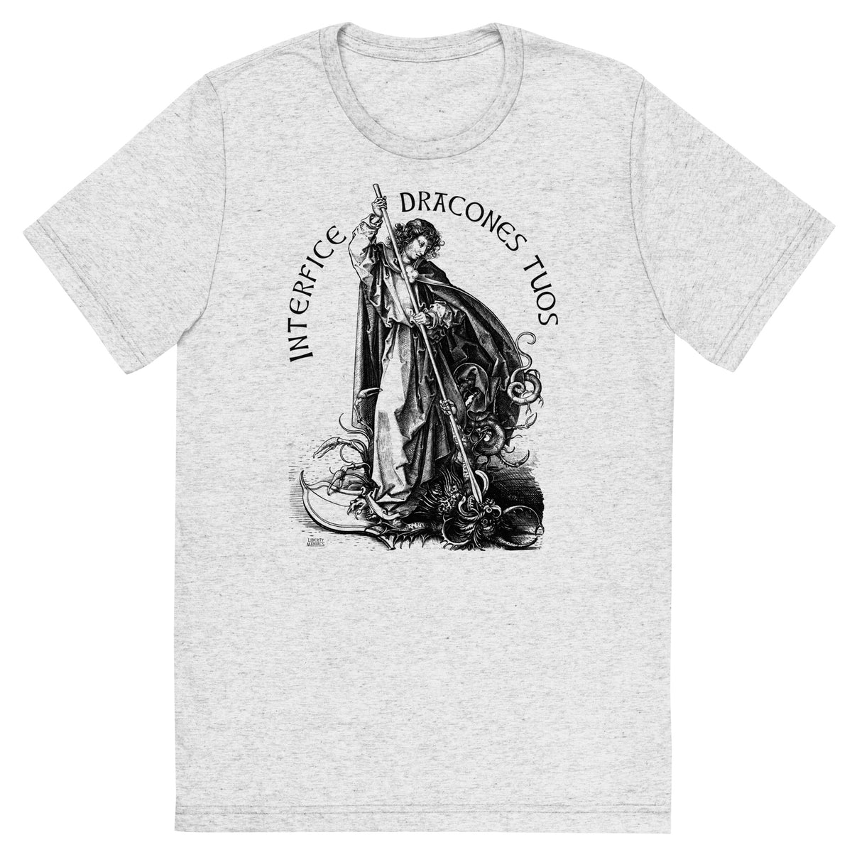 Gray t-shirt with black graphic design of a woman and text on a white background