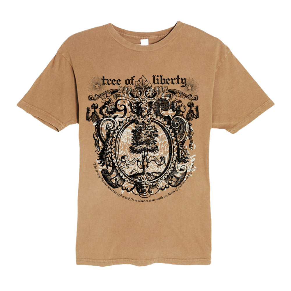Tree of Liberty vintage crewneck graphic tee in Vintage Camel, front view showing an ornate tree graphic, scrollwork, and Thomas Jefferson's Tree of Liberty quote