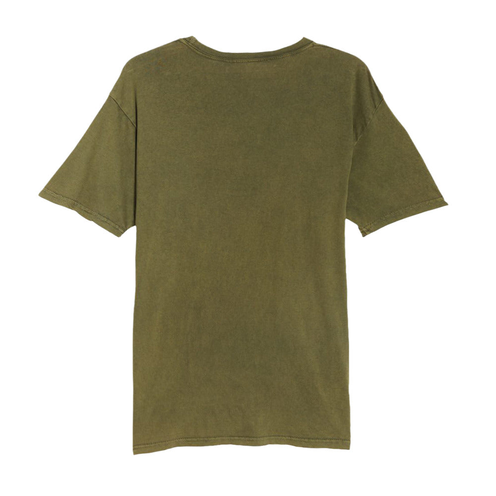 You May All Go To Hell And I Will Go To Texas Crockett Vintage Crewneck Tee in olive green flay lay as seen from the back