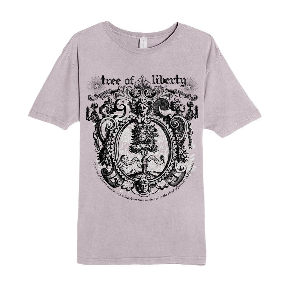 Tree of Liberty vintage crewneck graphic tee in Vintage Zinc, front view showing an ornate tree graphic, scrollwork, and Thomas Jefferson's Tree of Liberty quote