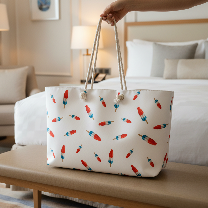 Tote bag with popsicle pattern held by a hand on a white background