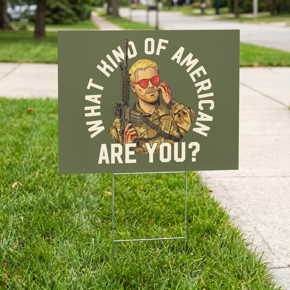 Political protest sign with graphic of person in military gear and sunglasses on grass