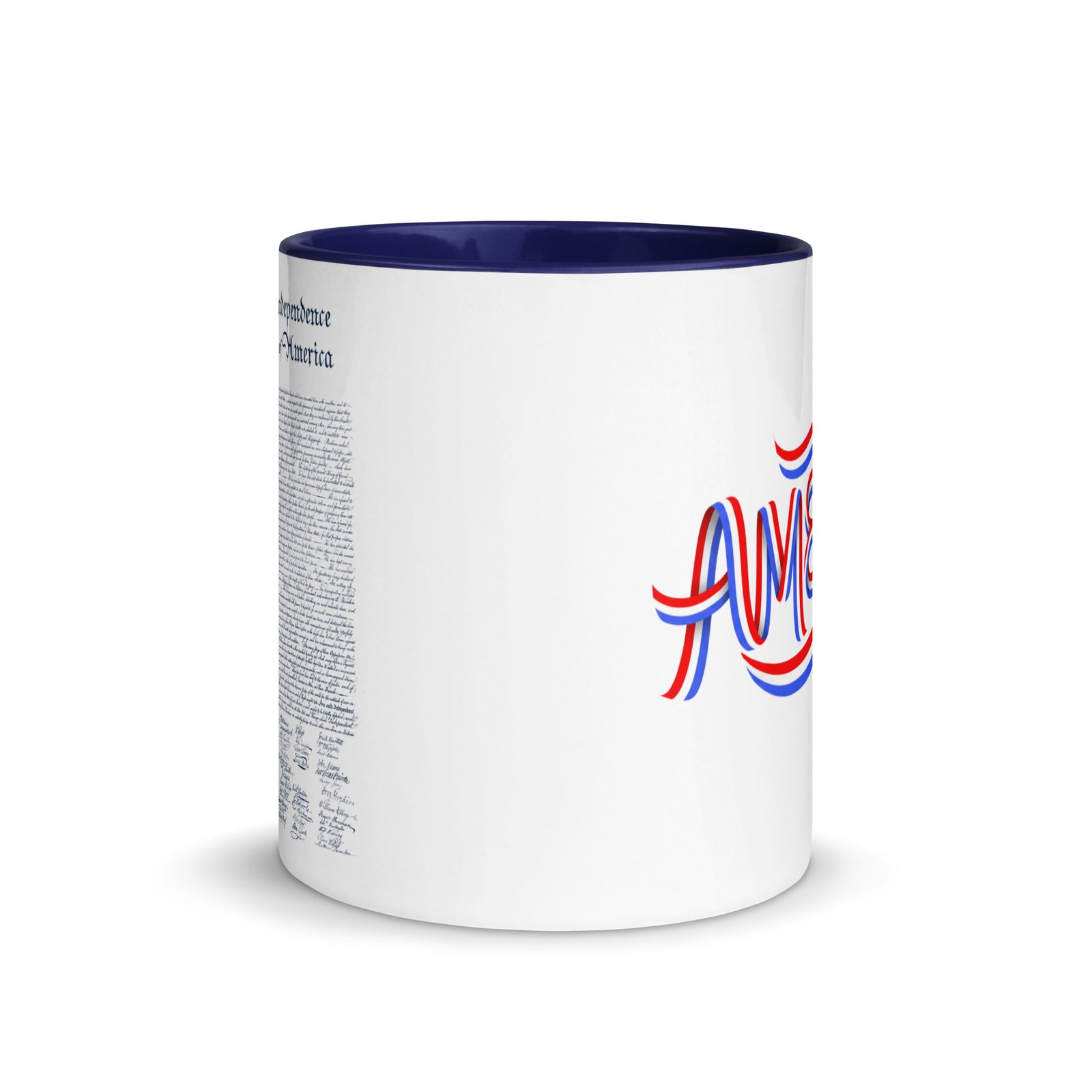 America 250 Declaration of Independence white ceramic coffee mug with dark blue interior, handle, and rim, 11 oz, right side view