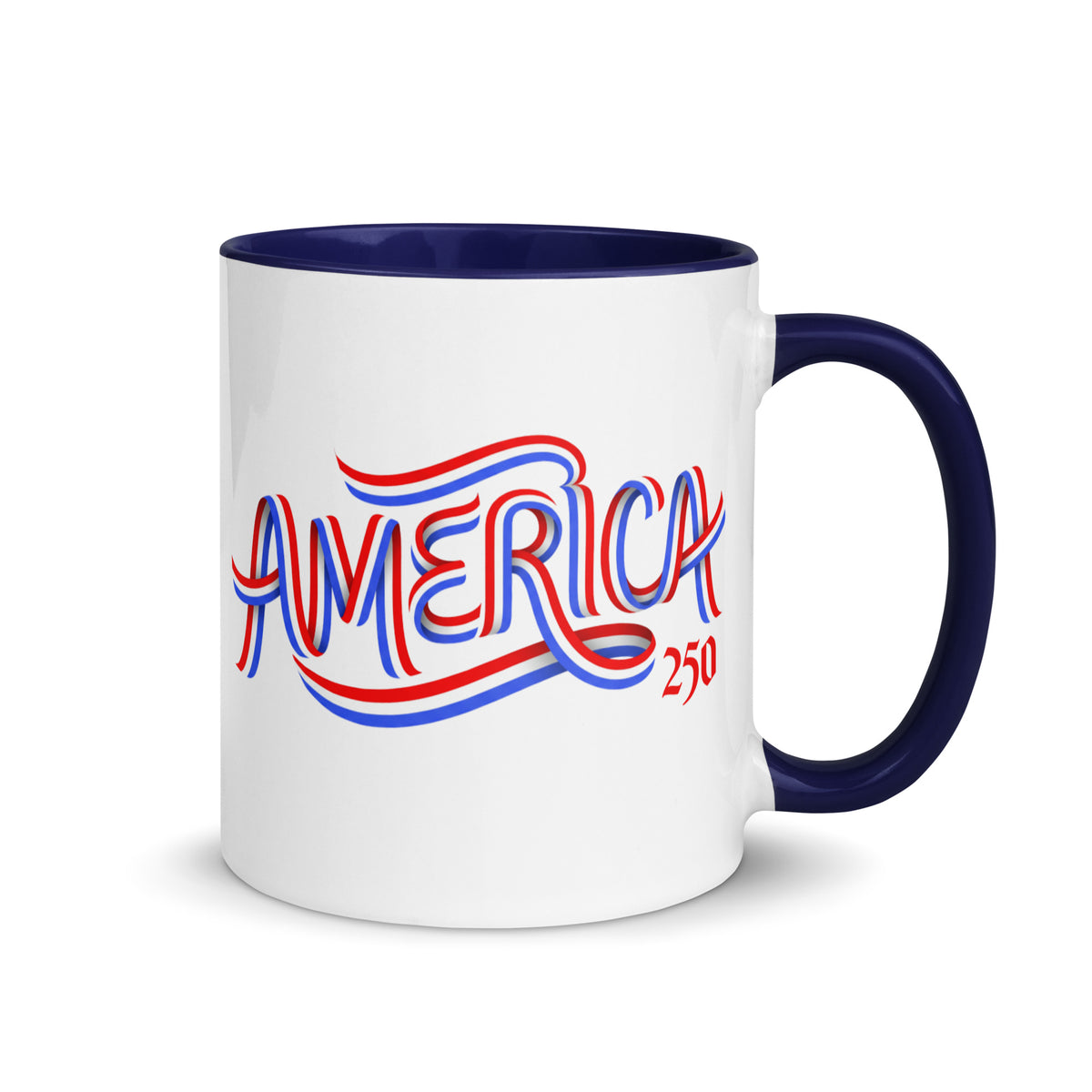 America 250 Declaration of Independence white ceramic coffee mug with dark blue interior, handle, and rim, 11 oz, right side view