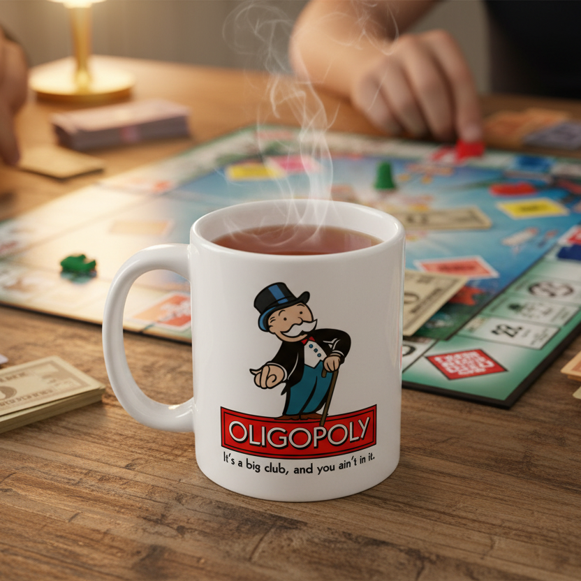 Oligopoly-themed mug on a Monopoly board game with money and cards.