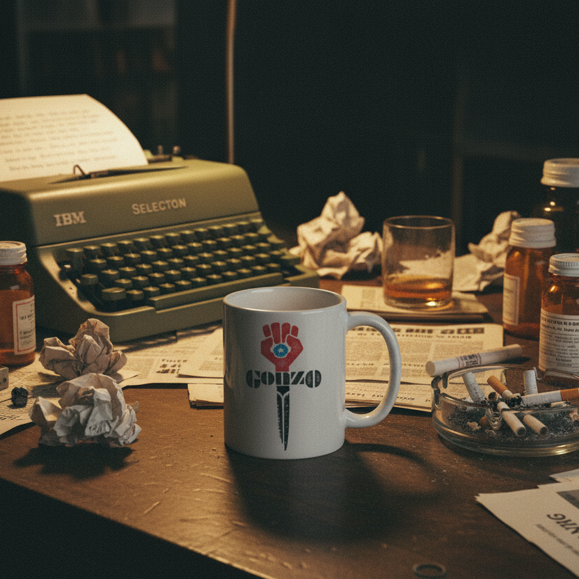Vintage typewriter on a cluttered desk with a mug, bottles, and other items.