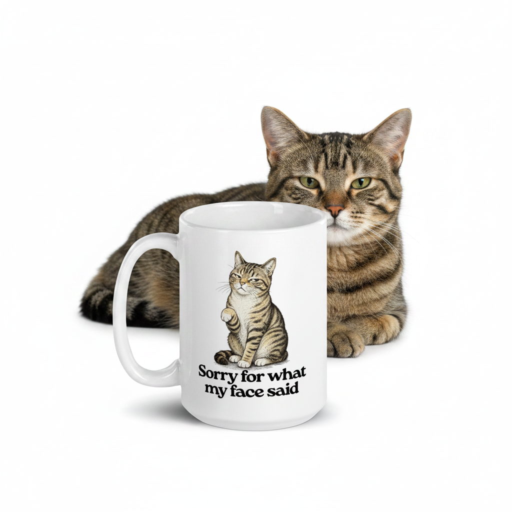 A white ceramic mug with a printed illustration of a tabby cat and the text 'Sorry for what my face said' sits in front of a real tabby cat on a white background.