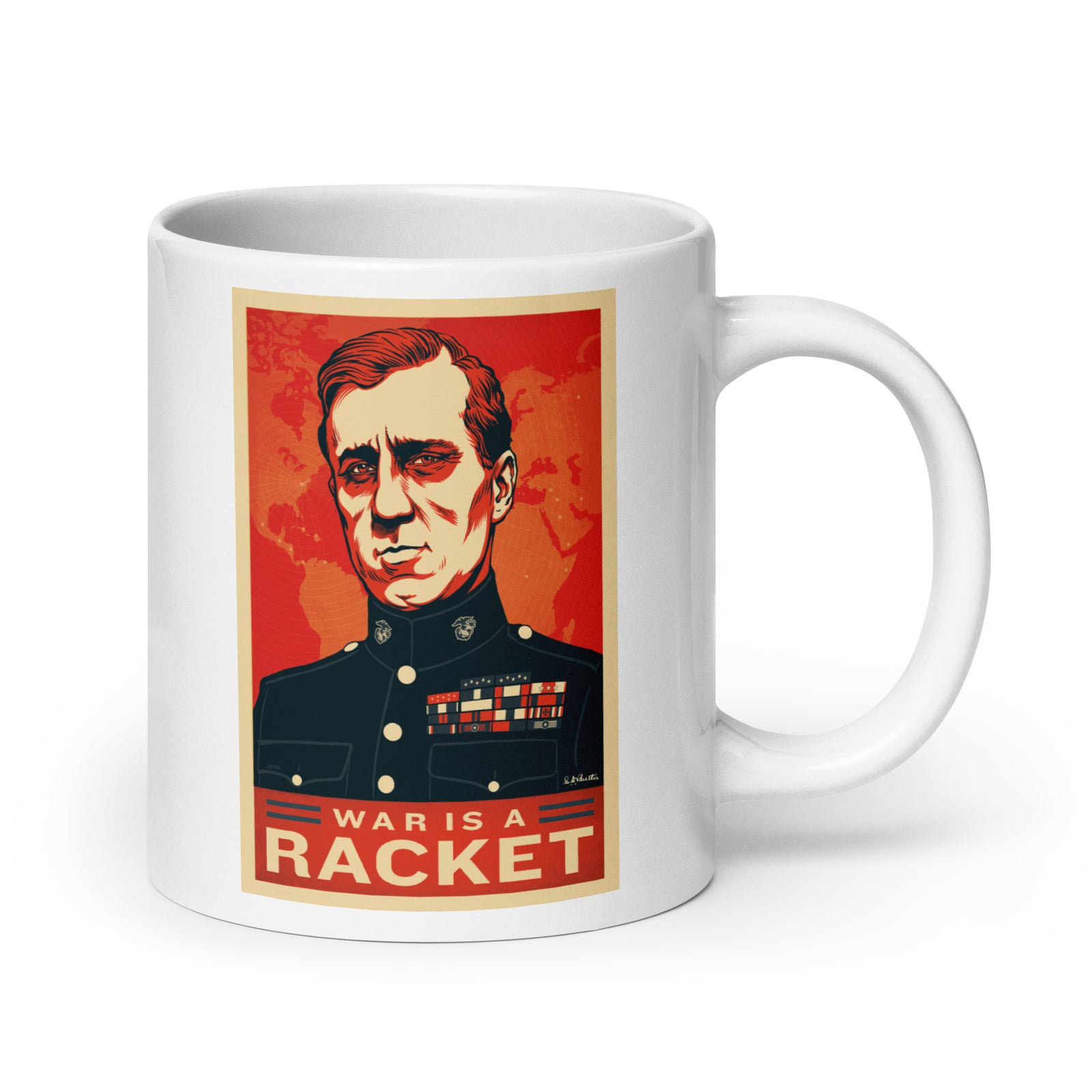 Mug with a graphic of a man in uniform and 'War is a Racket' text on a red background.
