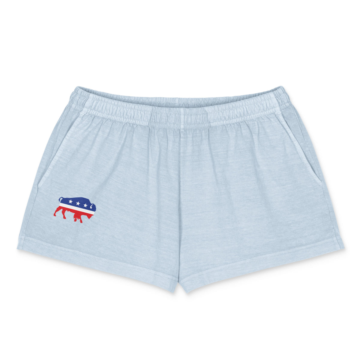 Light blue heathered shorts with an elastic waistband and a small red, white, and blue elephant graphic on the left leg, displayed on a clean white background.