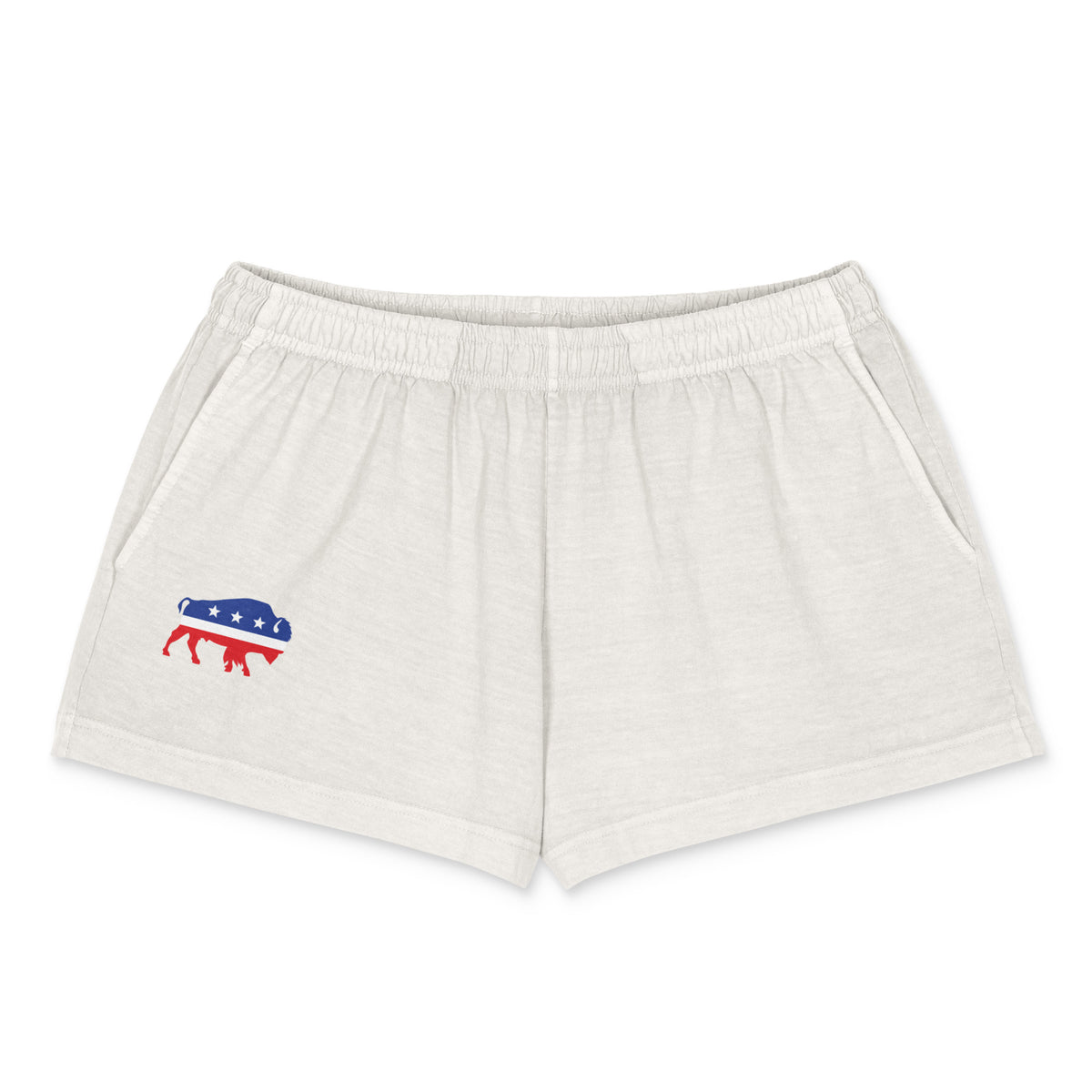 Off-white heathered lounge shorts with an elastic waistband and a small red, white, and blue Republican elephant logo on the left leg, displayed on a clean white background.