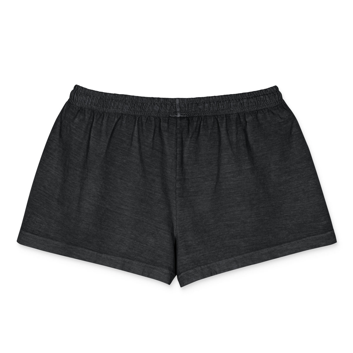 Dark charcoal gray heathered lounge shorts with an elastic waistband, shown flat against a solid white background.